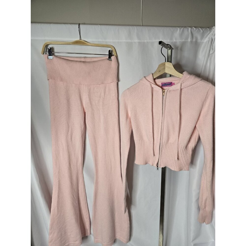 Ediketed Desiree Knitted Set In Pink- Fold Over Pants and Sweater in MED/LRG